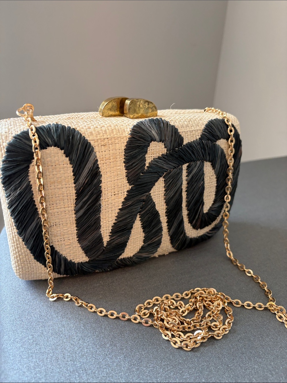 Woven Raffia Clutch with Black Embroidered Swirl & Gold Chain Strap